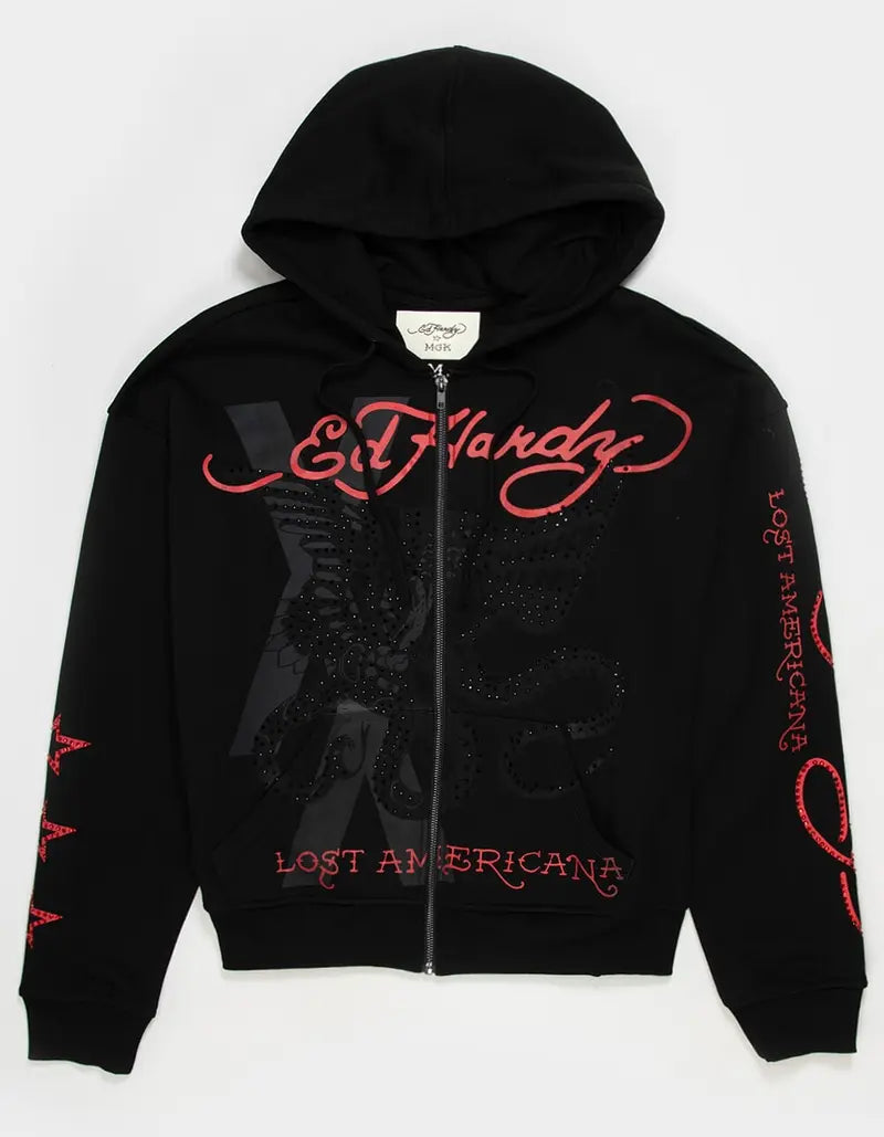 ED HARDY x MGK Flames Rhinestone Mens Zip-Up Hoodie