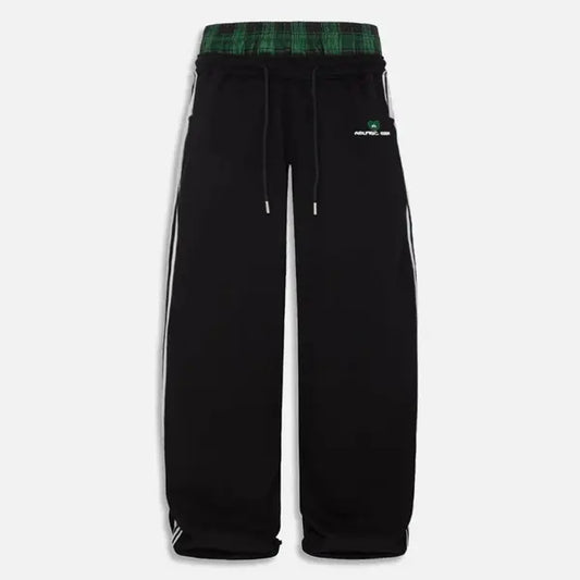 Aelfric Eden Plaid Patchwork Double Waist Sweatpants Green