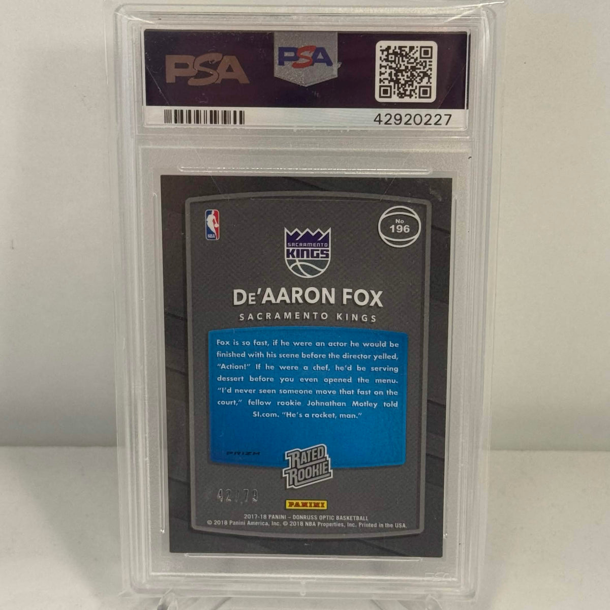 2017 Panini Donruss Optic De'Aaron Fox Pink Velocity (PSA9)