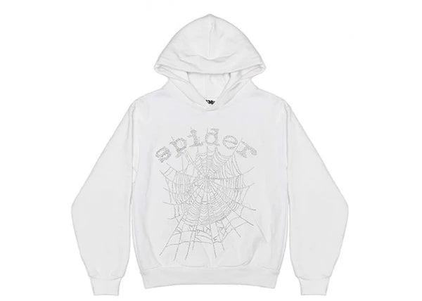 Sp5der OG Rhinestone Logo Hoodie White
