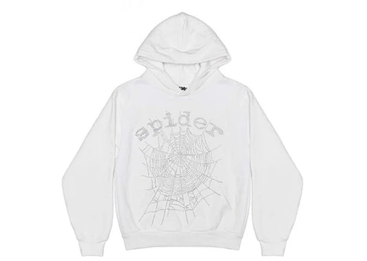 Sp5der OG Rhinestone Logo Hoodie White